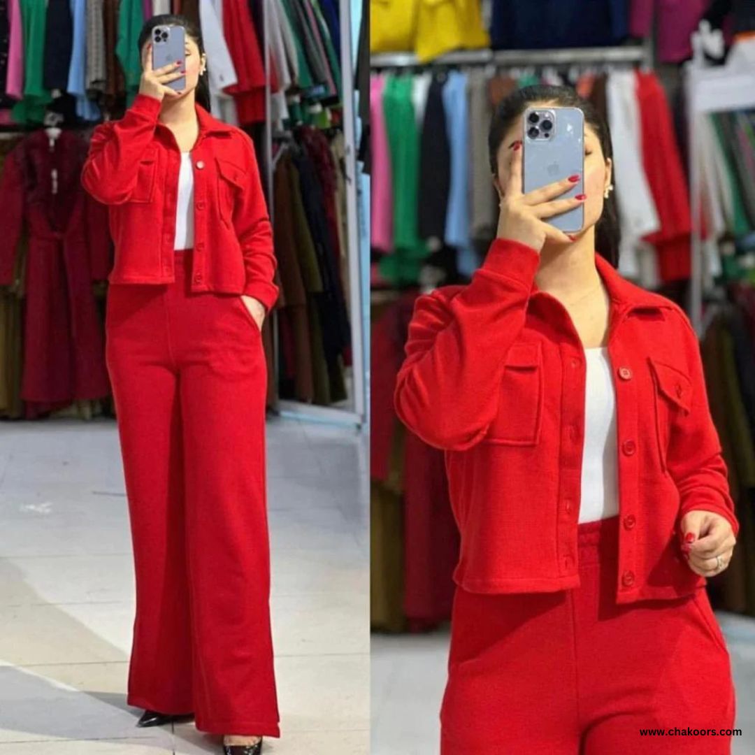 chakoor 3 pieces fleece fabric winter wear button jacket inner shirt loose trouser CH # 320