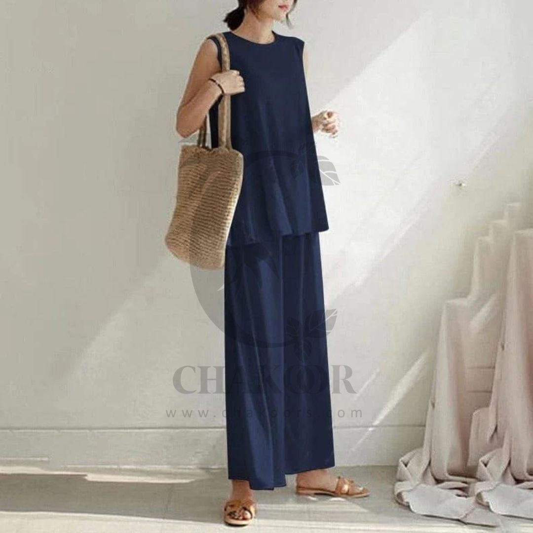 chakoor 2 Pcs Set Casual Trouser Sleeveless Top Comfortable Trouser SW- 0087