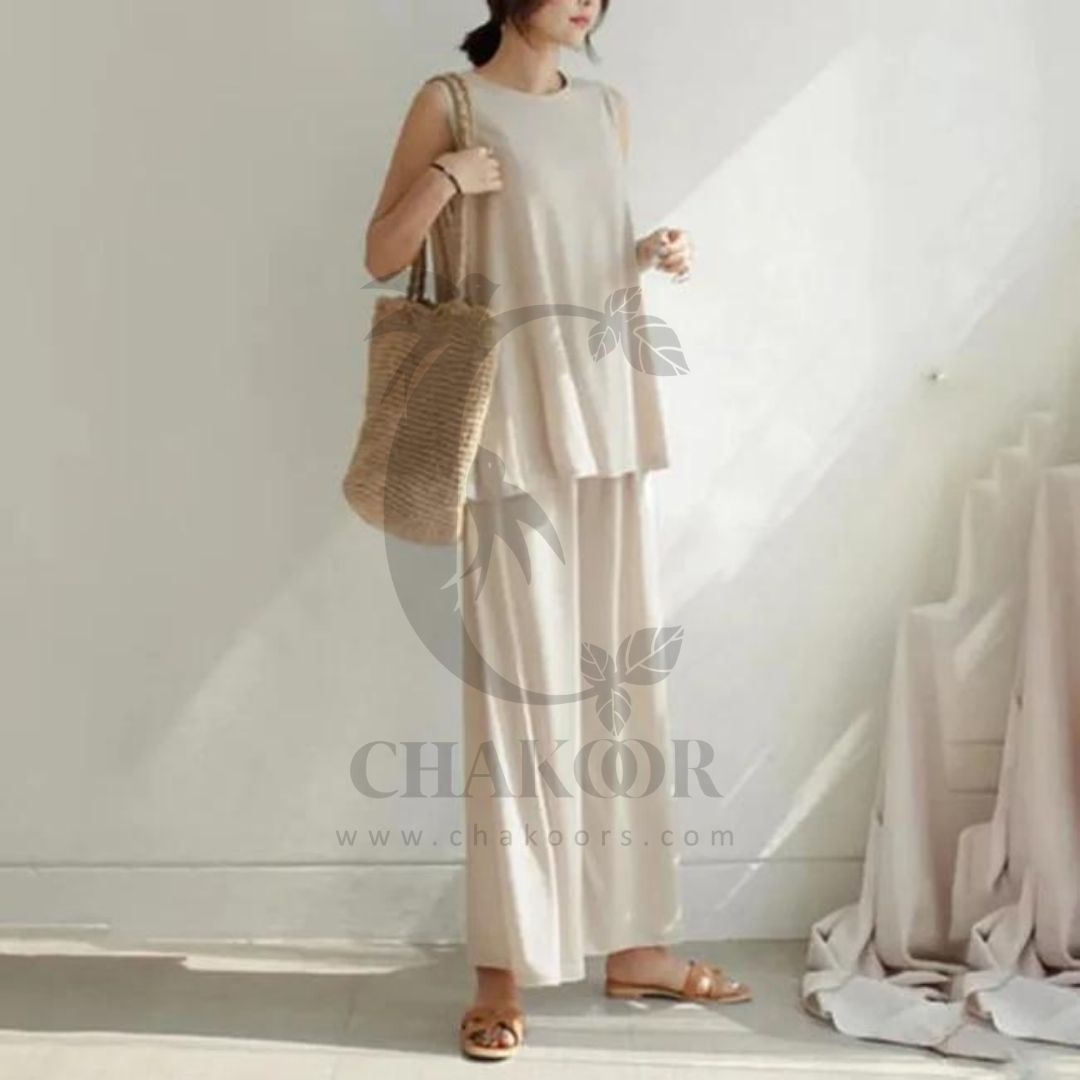 chakoor 2 Pcs Set Casual Trouser Sleeveless Top Comfortable Trouser SW- 0087