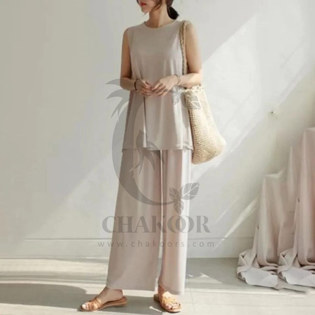 chakoor 2 Pcs Set Casual Trouser Sleeveless Top Comfortable Trouser SW- 0087