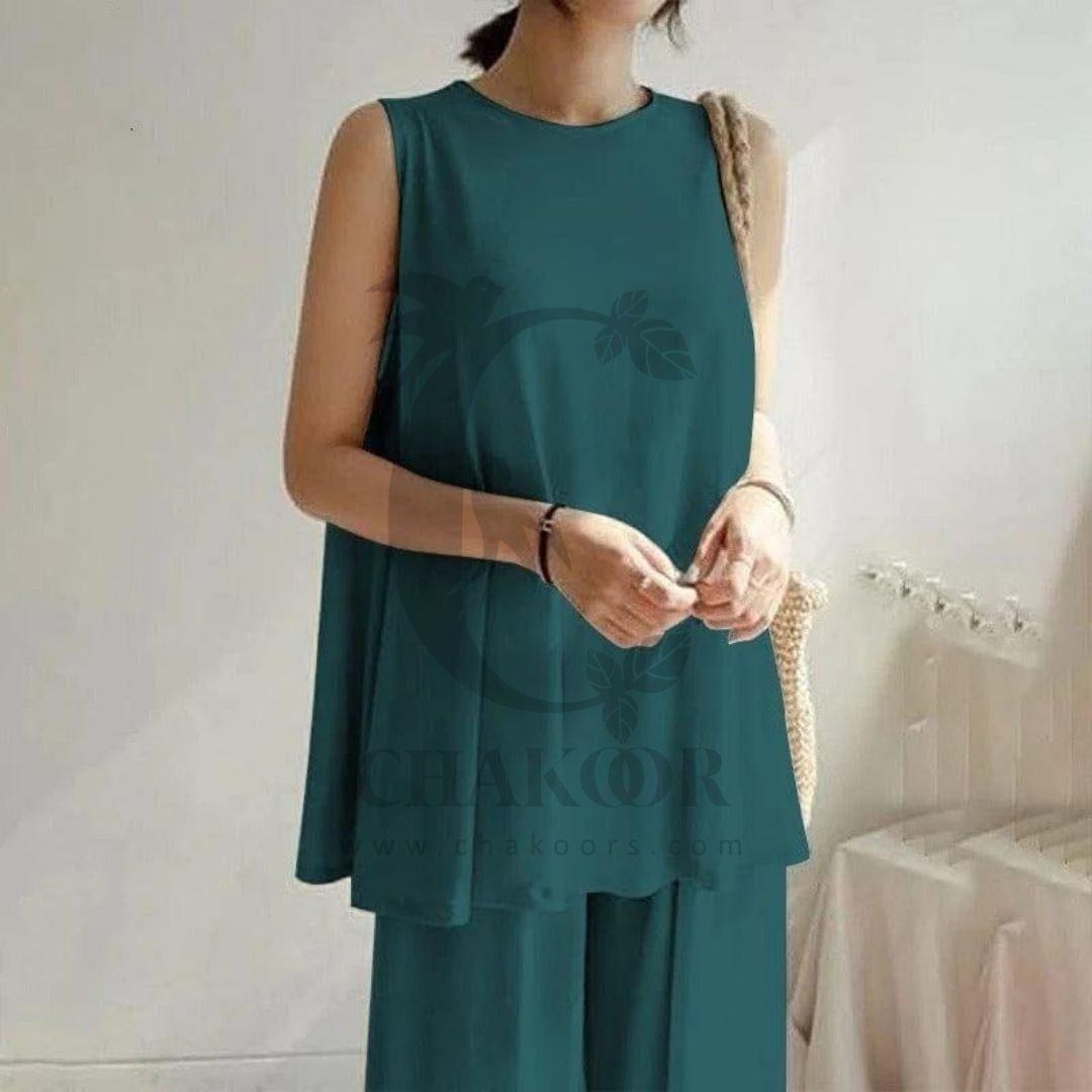 chakoor 2 Pcs Set Casual Trouser Sleeveless Top Comfortable Trouser SW- 0087