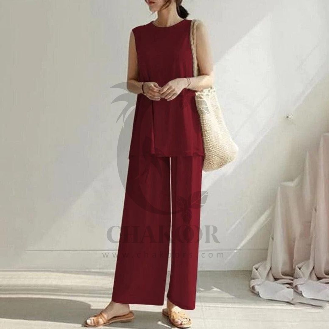 chakoor 2 Pcs Set Casual Trouser Sleeveless Top Comfortable Trouser SW- 0087