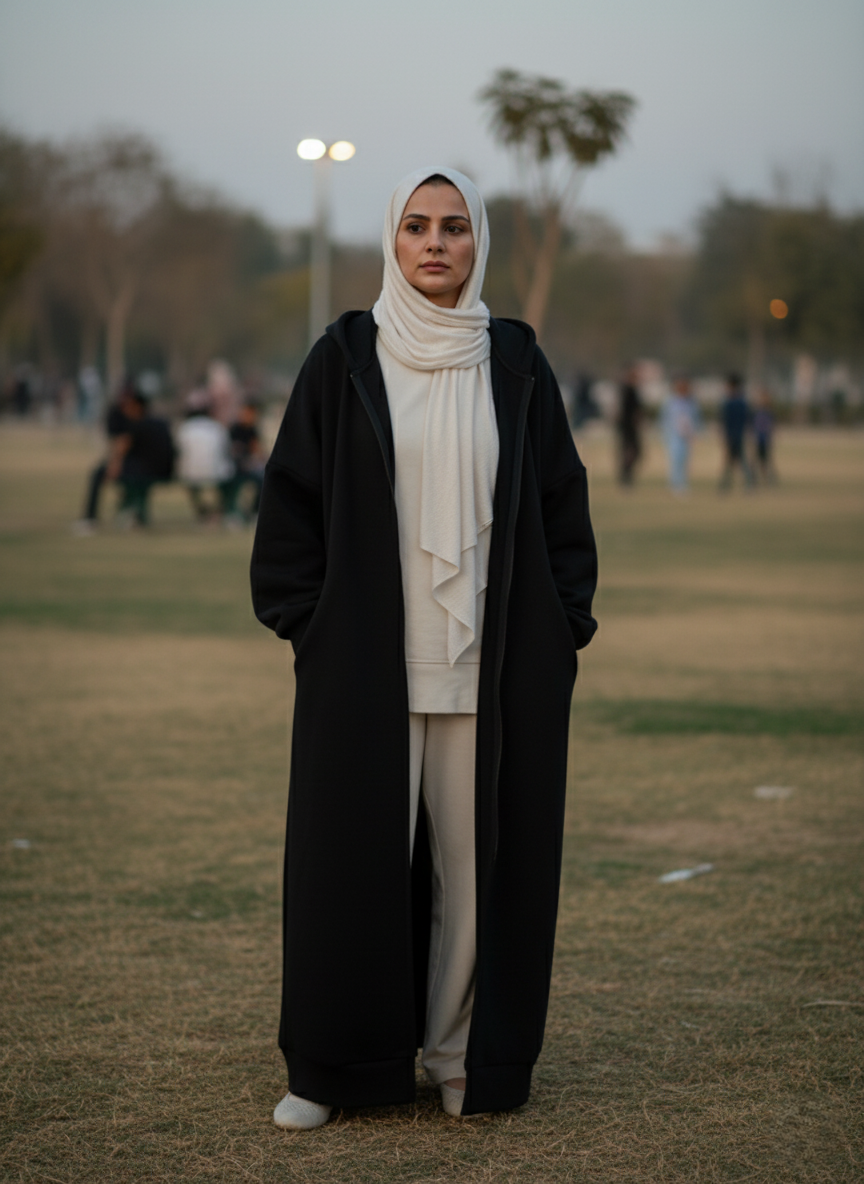 Woman in a black abaya and white hijab standing in a park.