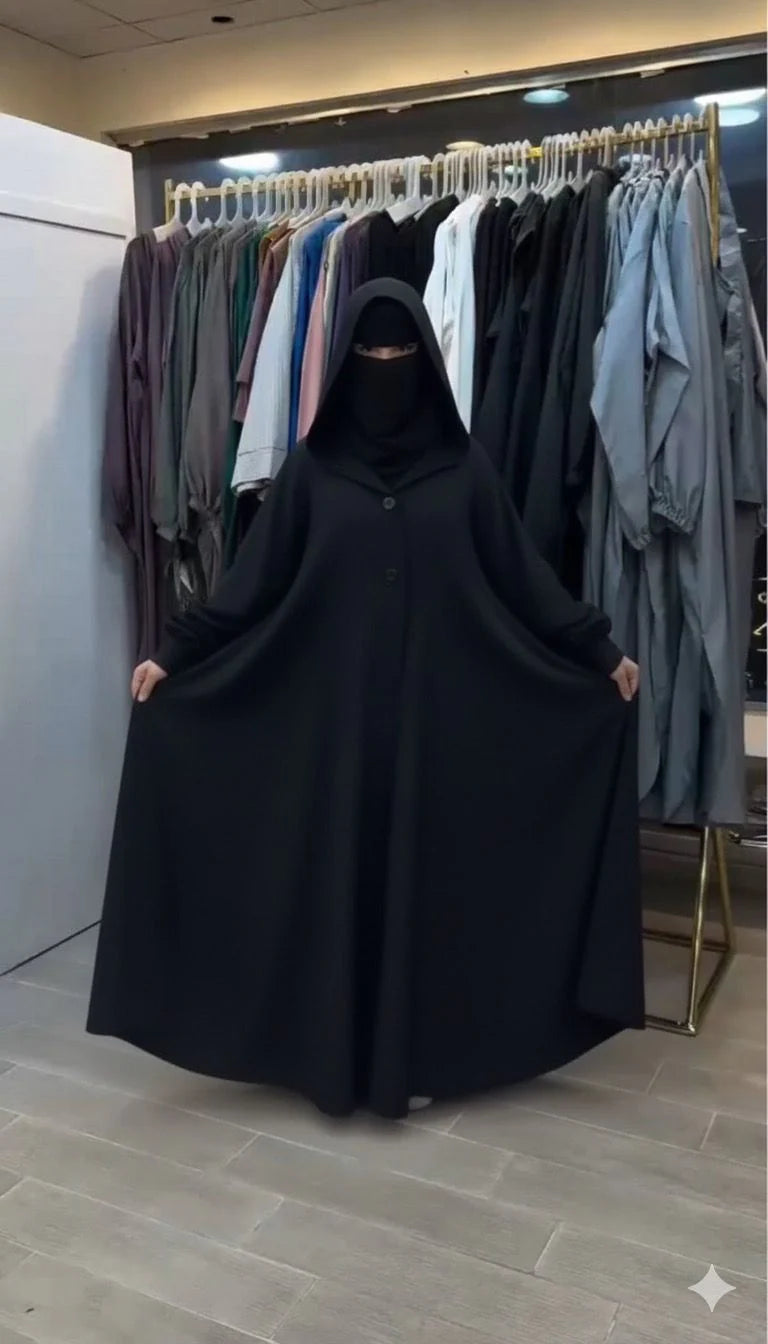 Ch 611 Chakoor Button-Front Long Frill Hoodie Winter Fleece Maxi Style with Wide Flare