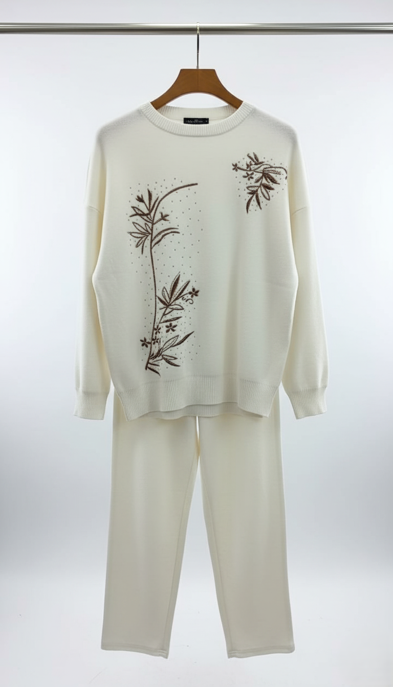 Beige outfit with floral embroidery on a white background winter co ord outfit 2026