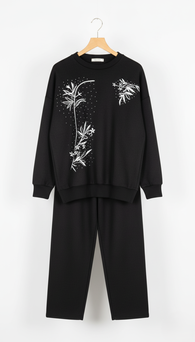 Black outfit with white floral embroidery on a white background