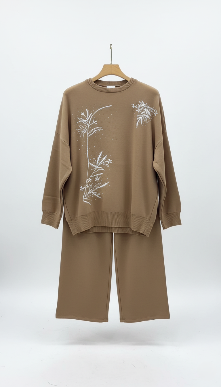 Brown outfit with floral embroidery on a white background winter co ord outfit 2026