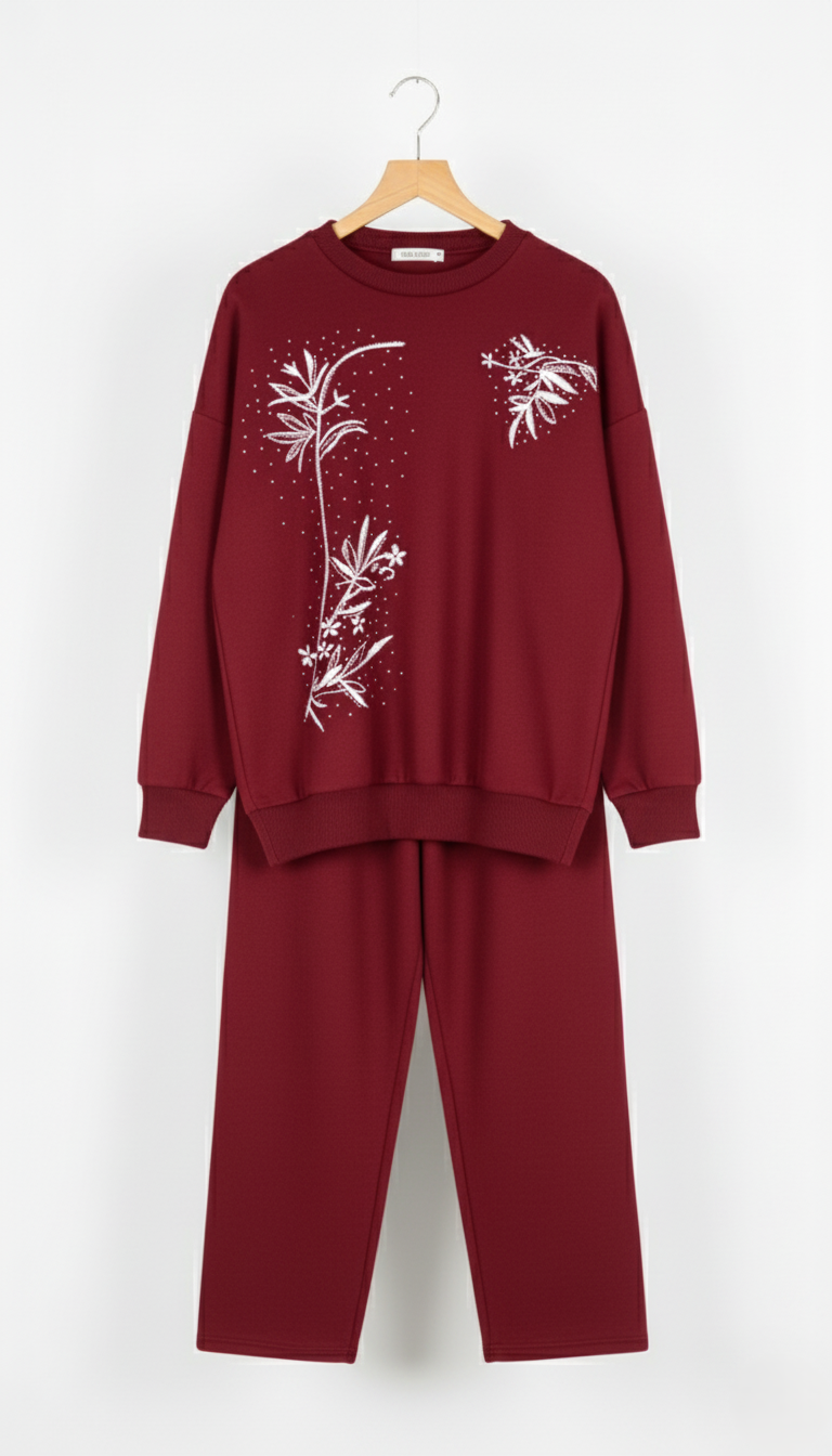 Burgundy sweatshirt and pants set with white floral embroidery on a white background