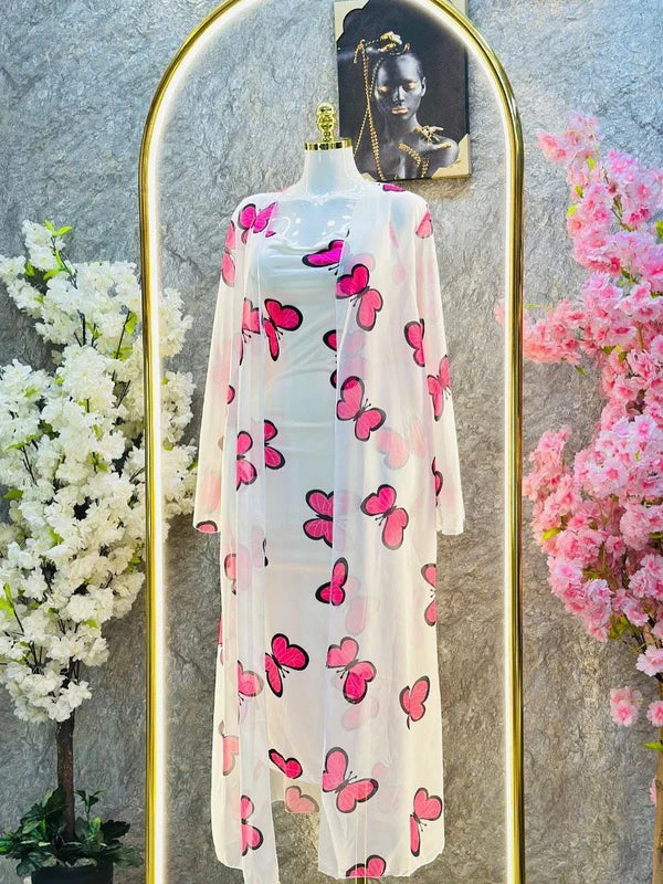Butterfly print two-piece set with a long open shrug and matching inner dress. 03