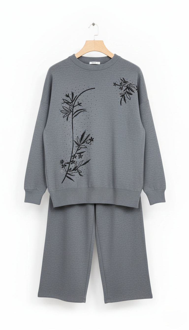 Gray sweater and pants set with floral embroidery on a white background