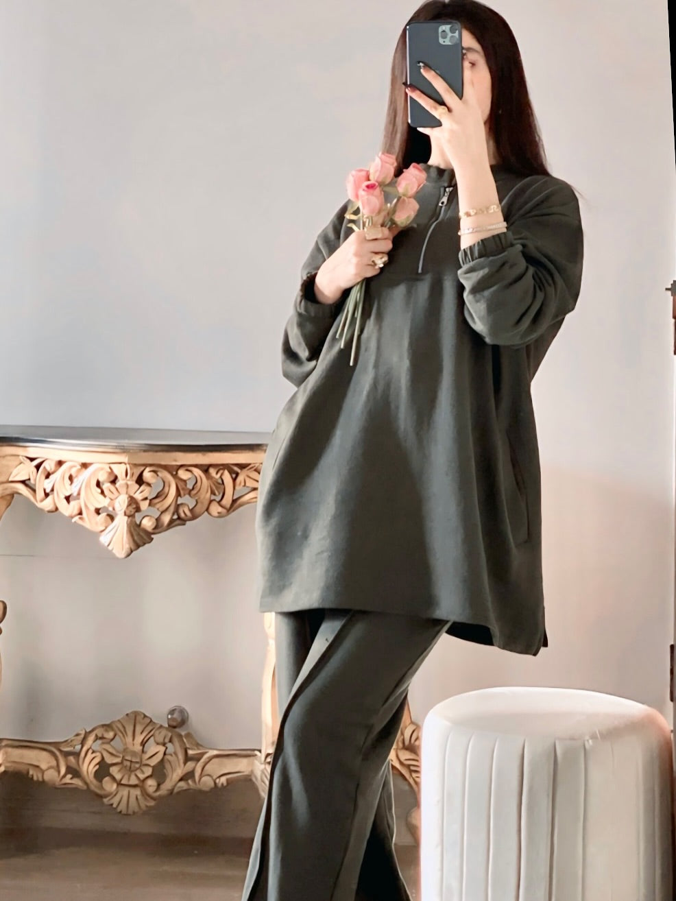 CH 322 chakoor winter side pocket 2 pieces fleece dress