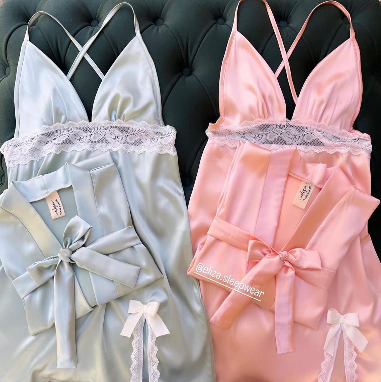 CHK # p70 Silk Robe With Long Sleeveless Top 2 Pcs Nightwear