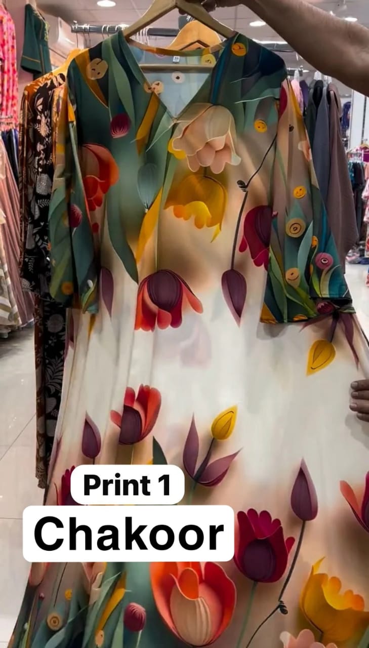 CH 573 Tulip Bloom Printed Kaftan – Soft Crepe Long Dress | Chakoor