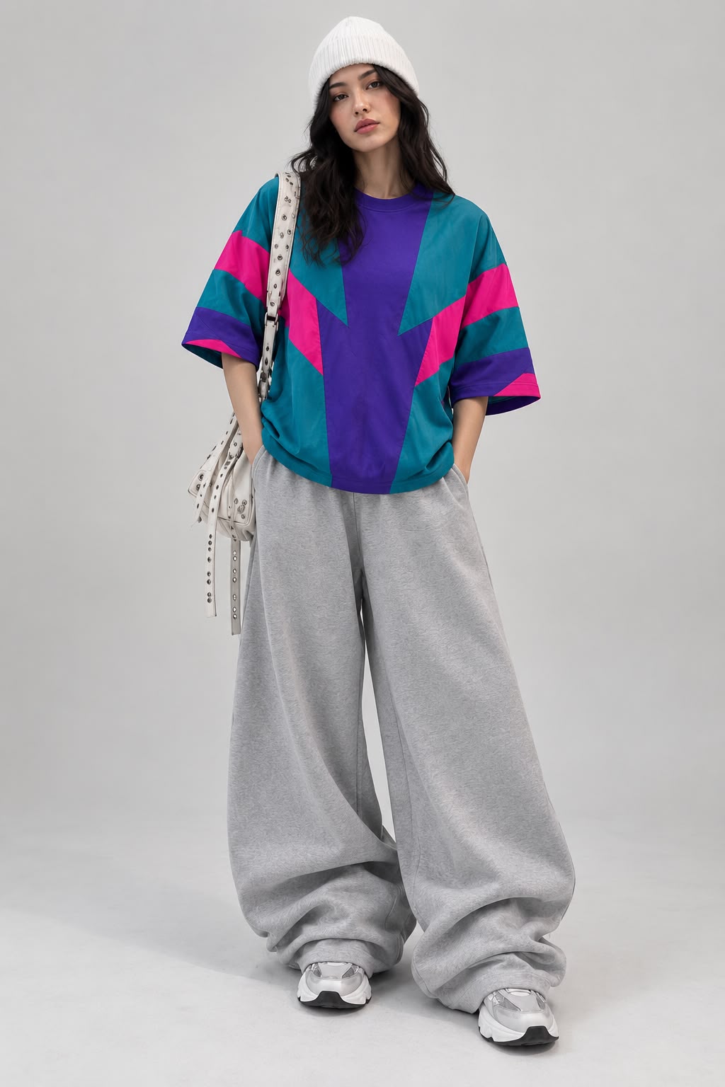 Ch 6124 Retro 80s Vibe Mid-Season Drop Oversized T-Shirt Wide-Leg Pants