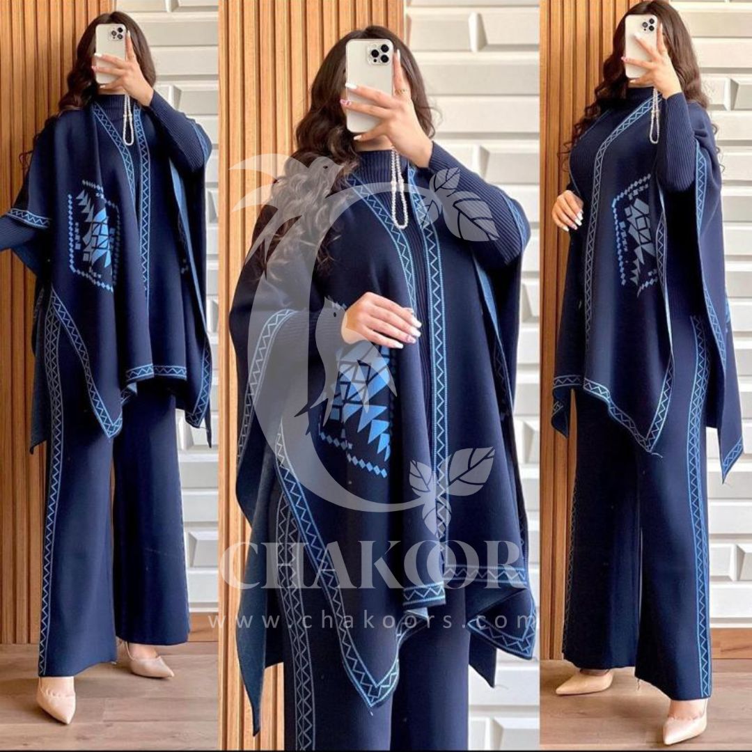 CH # 370 CHAKOOR READY TO WEAR WINTER 3 PIECE FLEECE SUIT CAPE SHAWL HIGH NECK & TROUSER