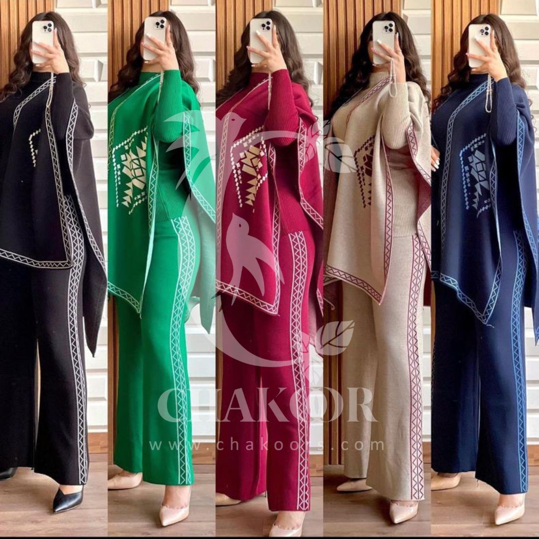 CH # 370 CHAKOOR READY TO WEAR WINTER 3 PIECE FLEECE SUIT CAPE SHAWL HIGH NECK & TROUSER