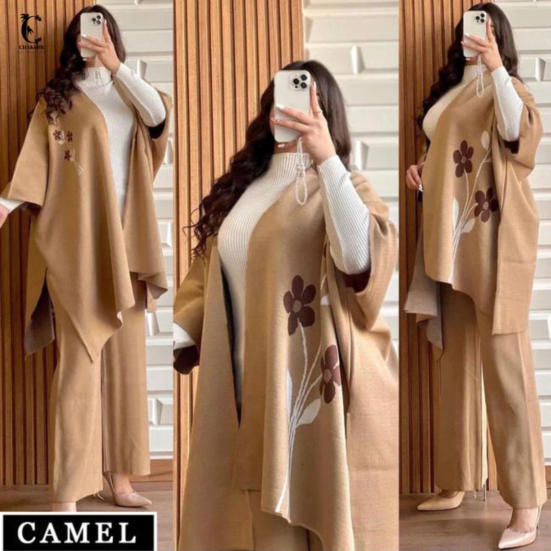 Chakoors Ready To Wear Winter 3 Piece Fleece Suit Cape Shawl High Neck & Trouser CH # 328