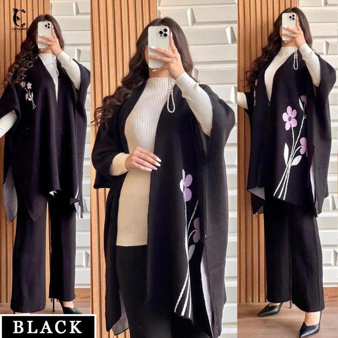 Chakoors Ready To Wear Winter 3 Piece Fleece Suit Cape Shawl High Neck & Trouser CH # 328