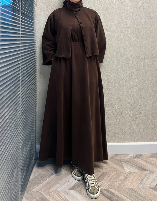 CH 608 - 2 Pcs Winter Outfit Long Frock With Upper Fleece Jacket - CHAKOOR