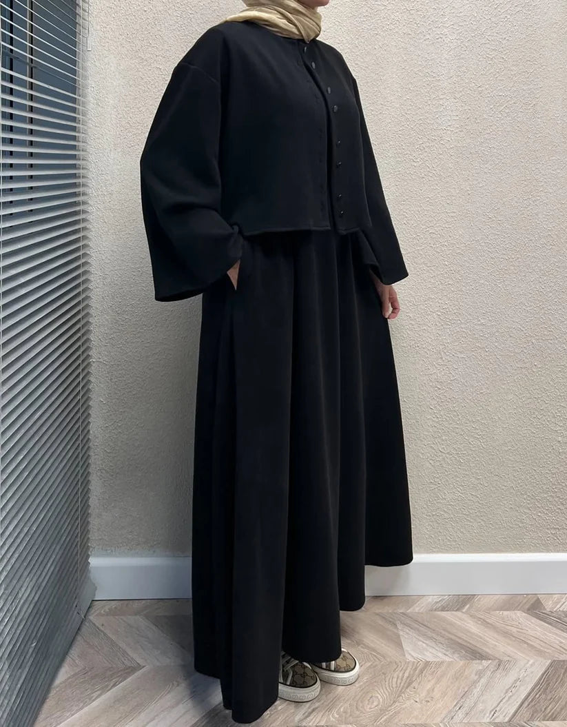 CH 608 - 2 Pcs Winter Outfit Long Frock With Upper Fleece Jacket - CHAKOOR