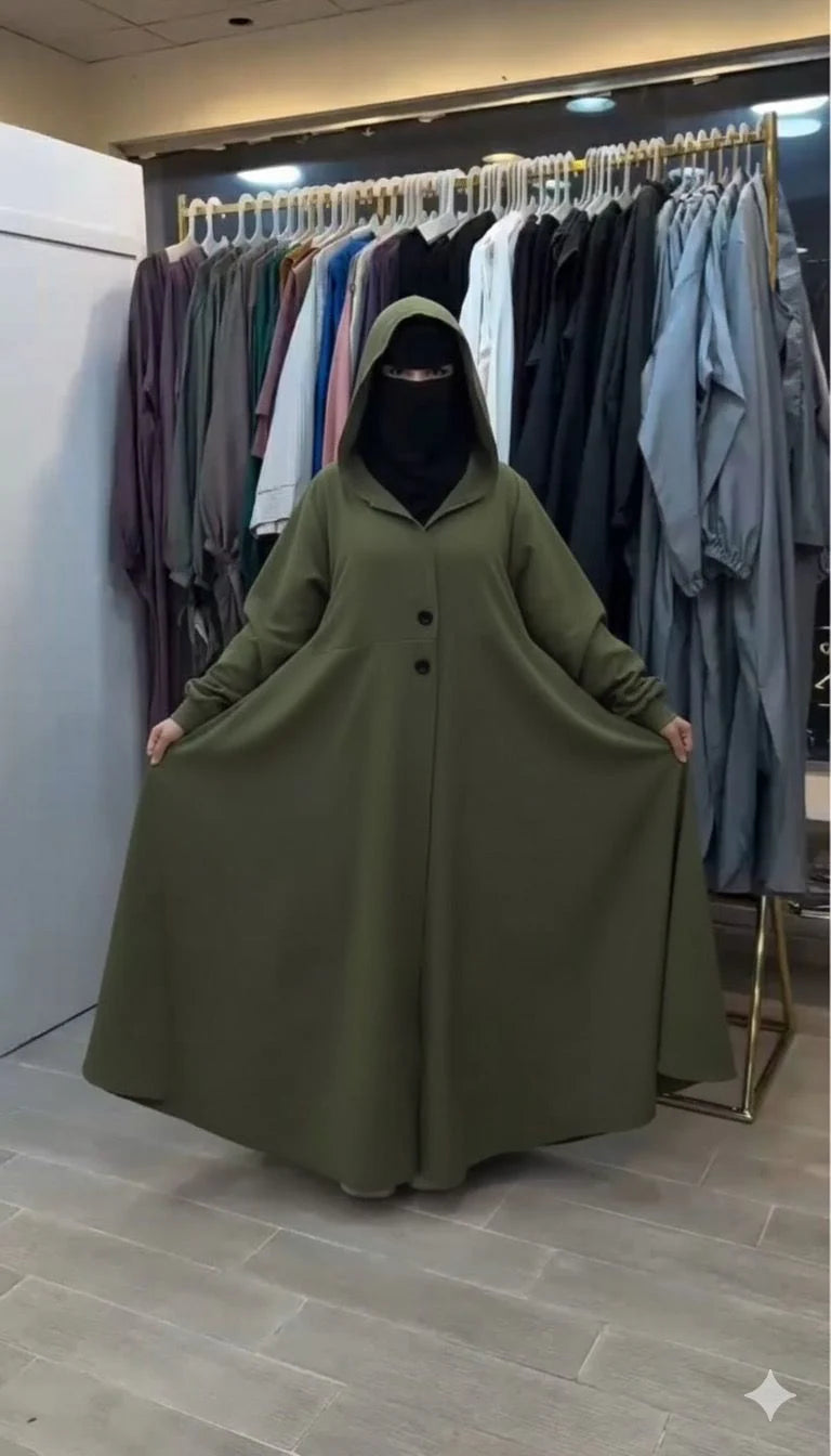 Ch 611 Chakoor Button-Front Long Frill Hoodie Winter Fleece Maxi Style with Wide Flare