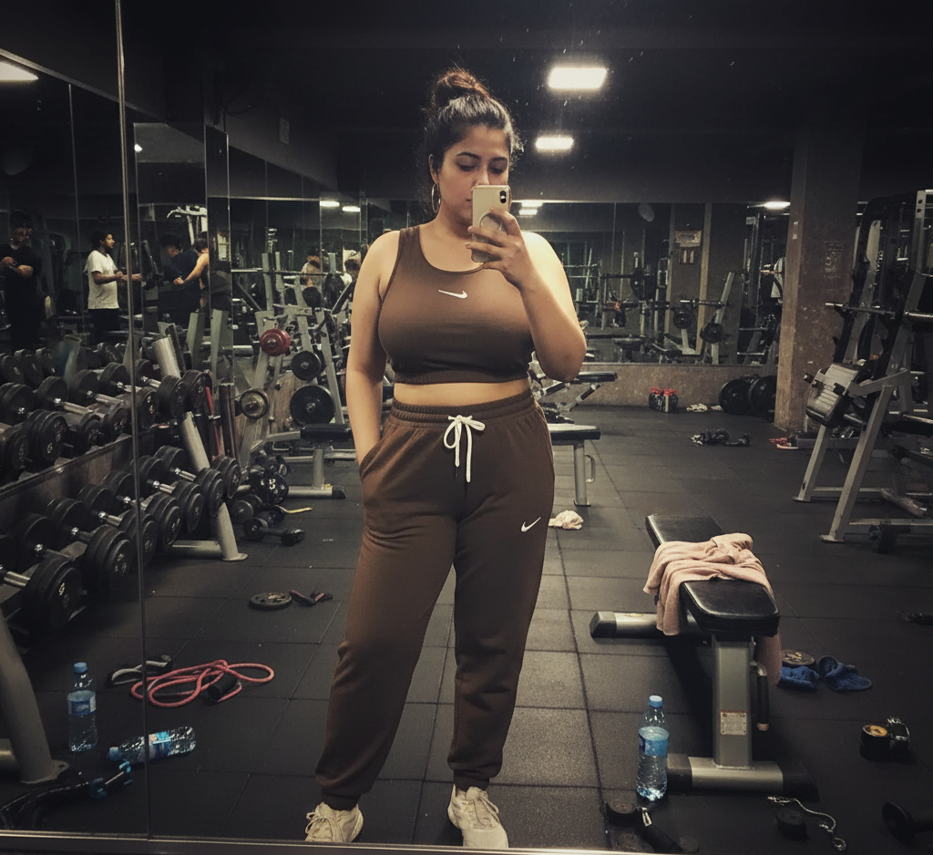 Woman taking a mirror selfie in a gym wearing brown Nike athletic women's short sling elastic top & Trouser
wear.