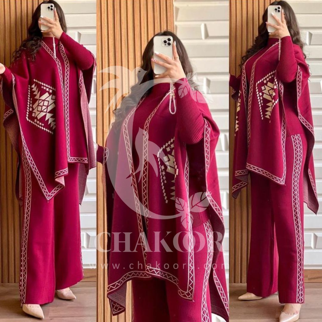 CH # 370 CHAKOOR READY TO WEAR WINTER 3 PIECE FLEECE SUIT CAPE SHAWL HIGH NECK & TROUSER