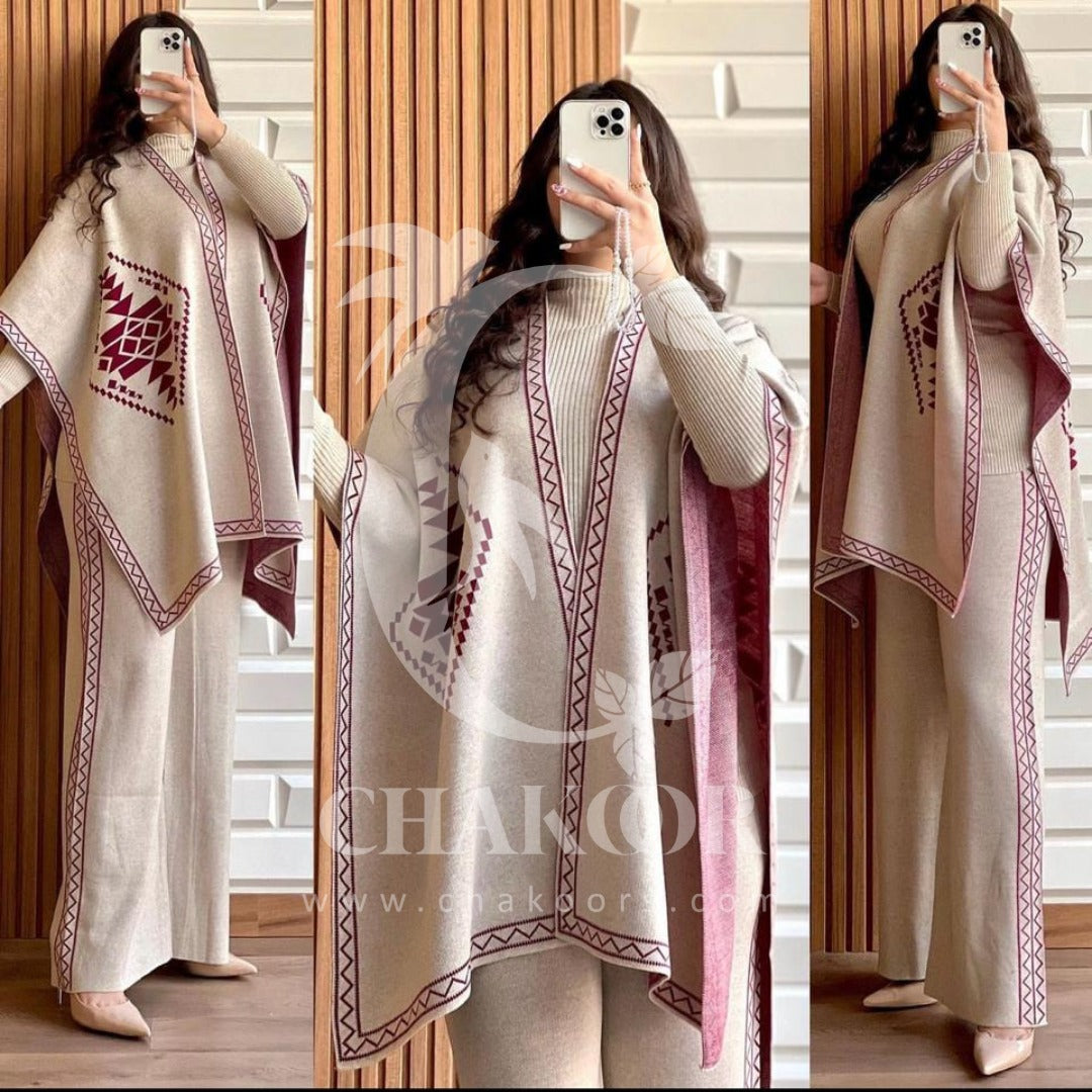 CH # 370 CHAKOOR READY TO WEAR WINTER 3 PIECE FLEECE SUIT CAPE SHAWL HIGH NECK & TROUSER