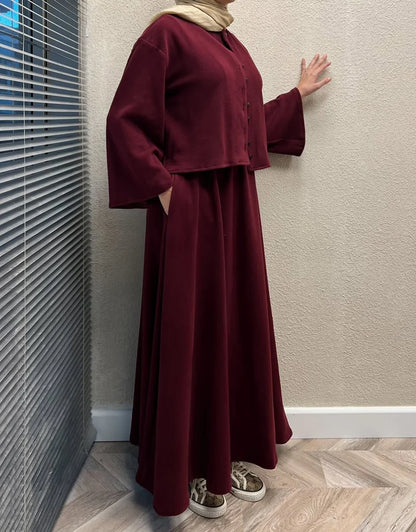 CH 608 - 2 Pcs Winter Outfit Long Frock With Upper Fleece Jacket - CHAKOOR