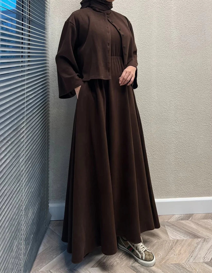 CH 608 - 2 Pcs Winter Outfit Long Frock With Upper Fleece Jacket - CHAKOOR