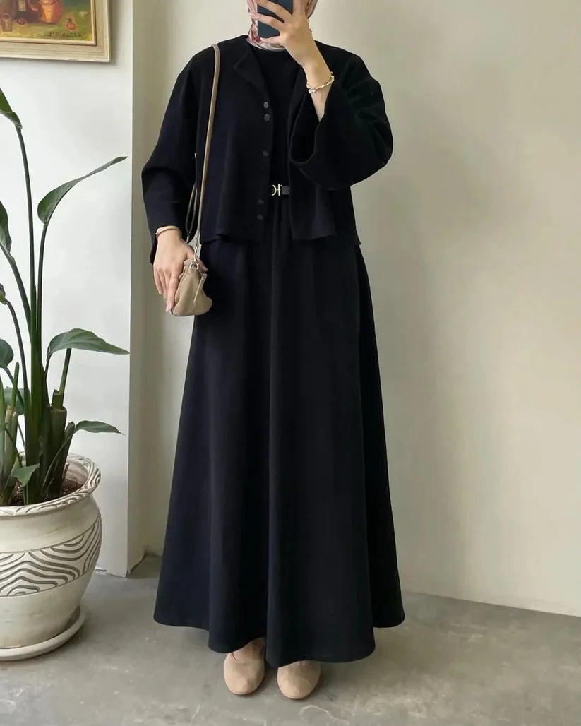 CH 608 - 2 Pcs Winter Outfit Long Frock With Upper Fleece Jacket - CHAKOOR