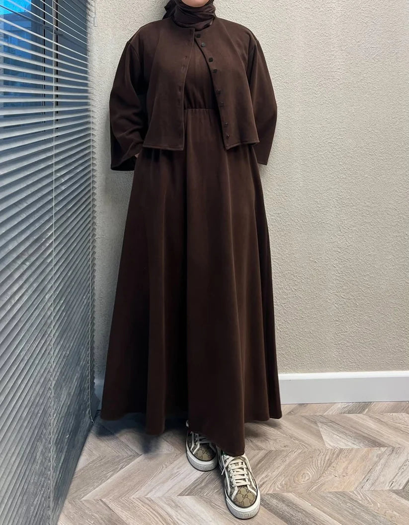 CH 608 - 2 Pcs Winter Outfit Long Frock With Upper Fleece Jacket - CHAKOOR