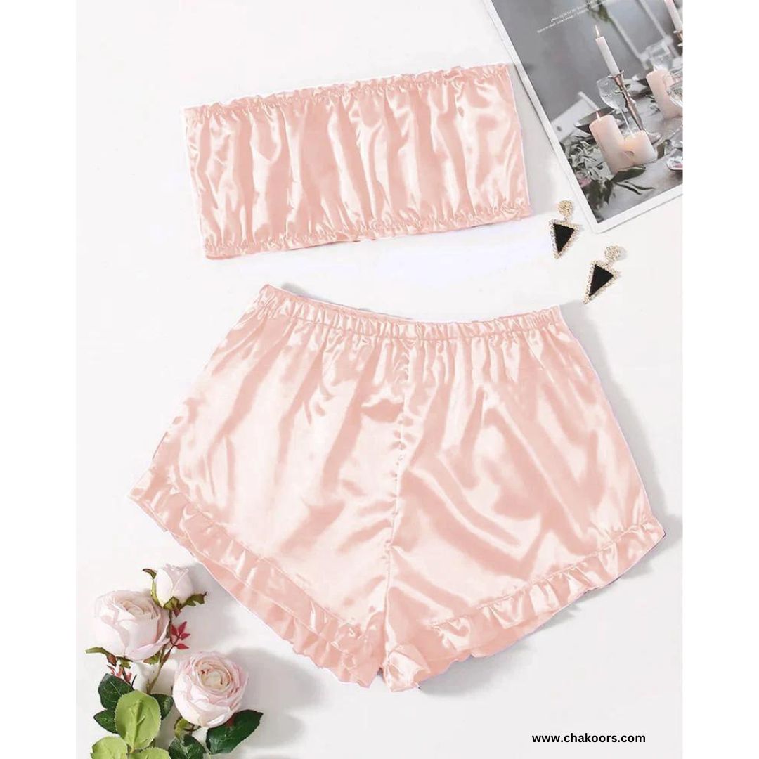 chakoors satin Frill Trim Tube Top & Shorts PJ Set CHK # p48