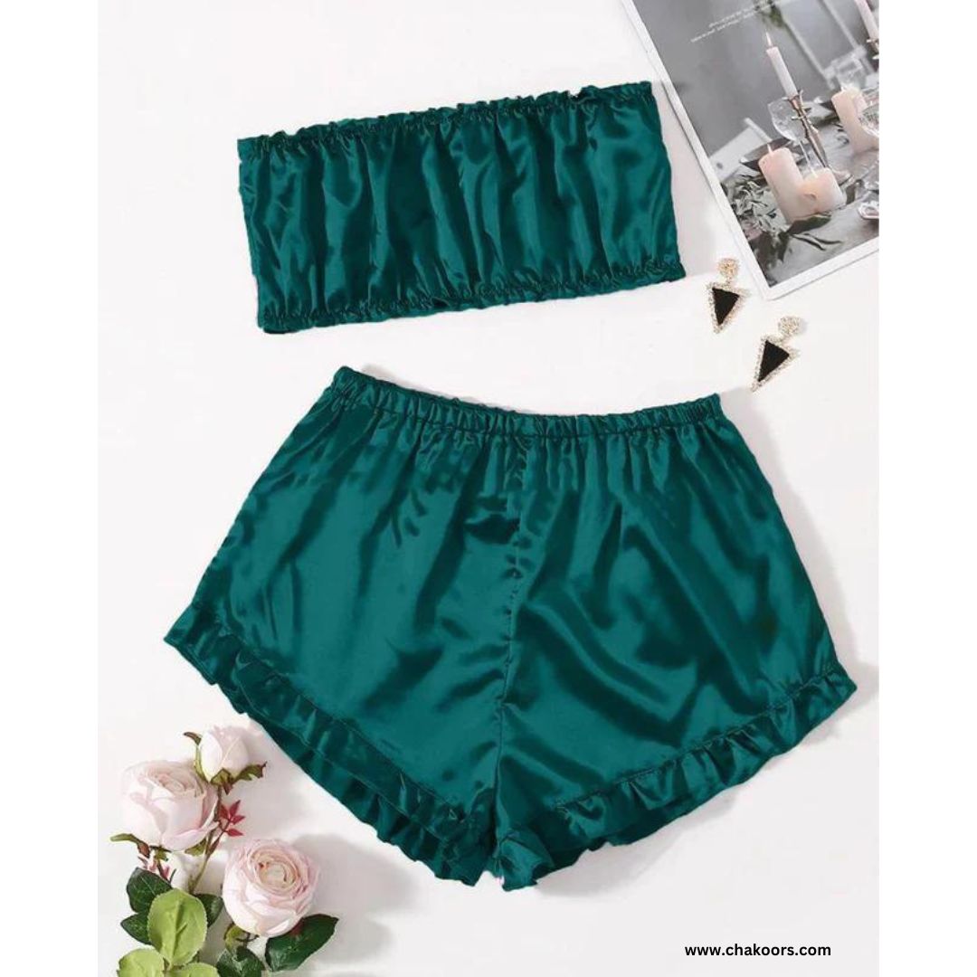 chakoors satin Frill Trim Tube Top & Shorts PJ Set CHK # p48