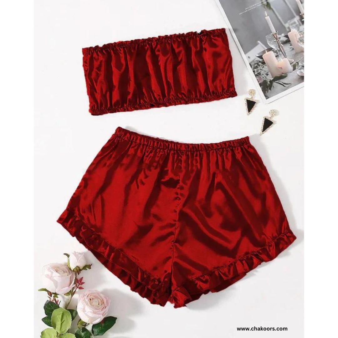 chakoors satin Frill Trim Tube Top & Shorts PJ Set CHK # p48