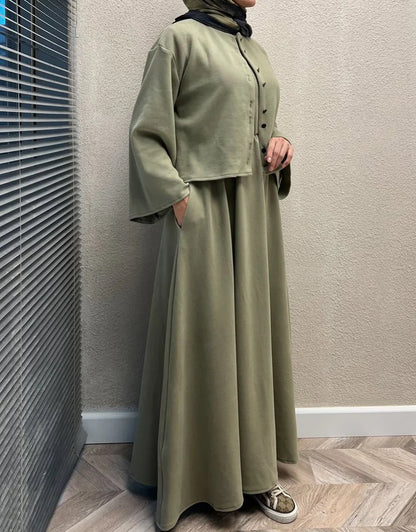 CH 608 - 2 Pcs Winter Outfit Long Frock With Upper Fleece Jacket - CHAKOOR