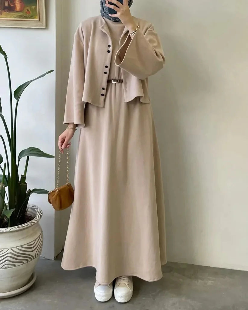 CH 608 - 2 Pcs Winter Outfit Long Frock With Upper Fleece Jacket - CHAKOOR