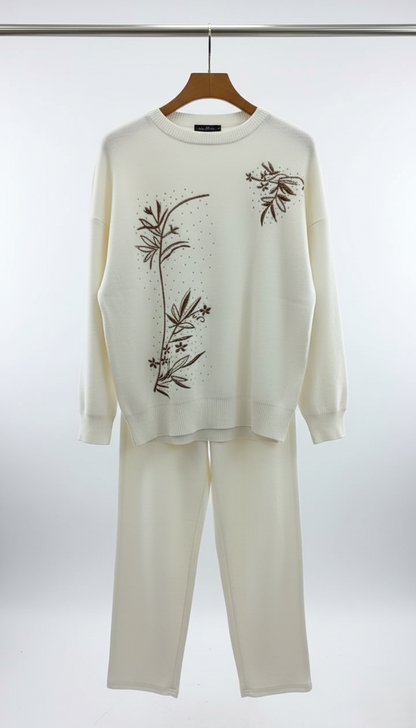 Beige outfit with floral embroidery on a white background winter co ord outfit 2026