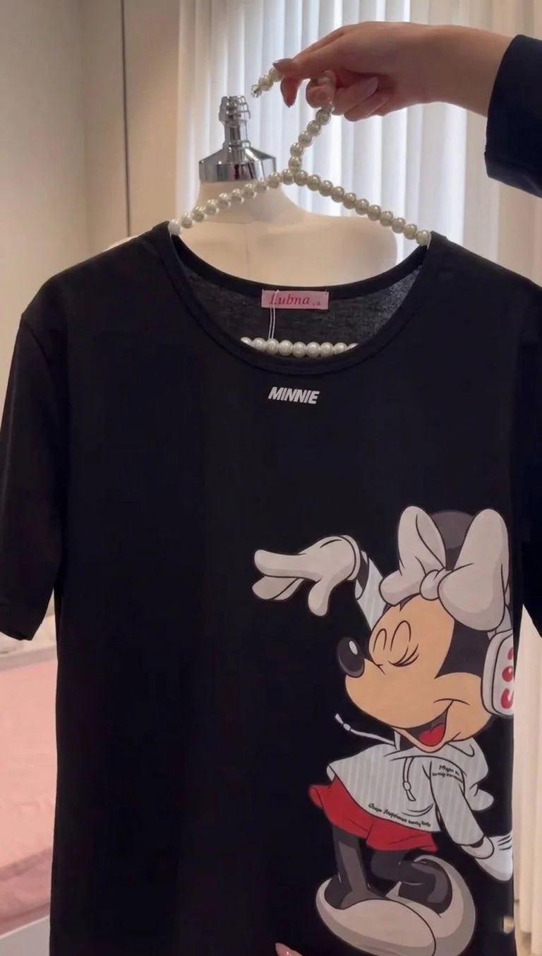Black women’s pajama set with Minnie Mouse print, short sleeve tee and matching trousers, comfy summer nightwear. 02