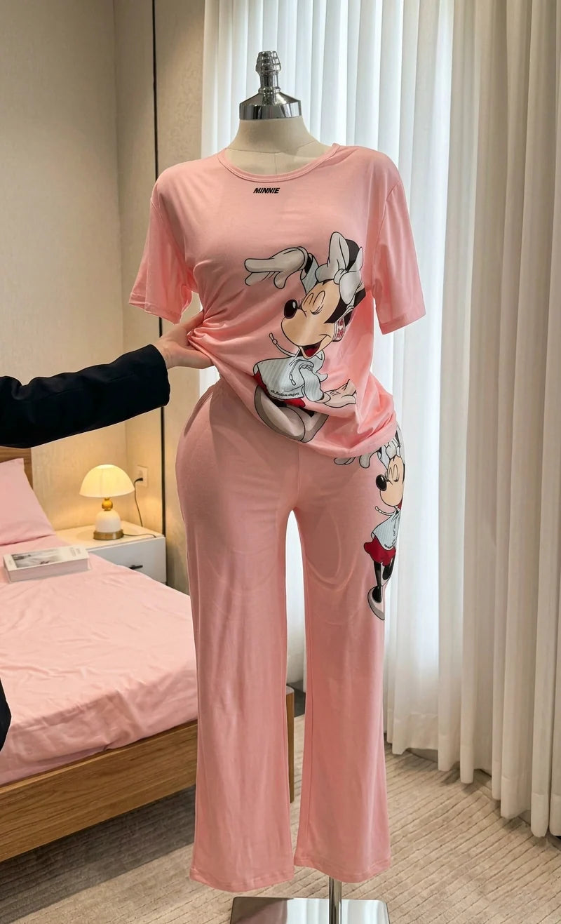 Black women’s pajama set with Minnie Mouse print, short sleeve tee and matching trousers, comfy summer nightwear. 03