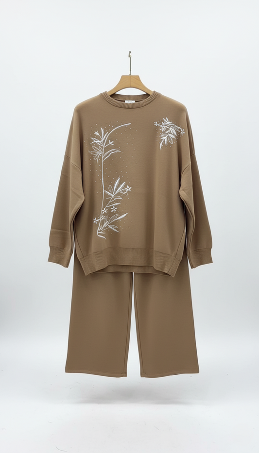 Brown outfit with floral embroidery on a white background winter co ord outfit 2026