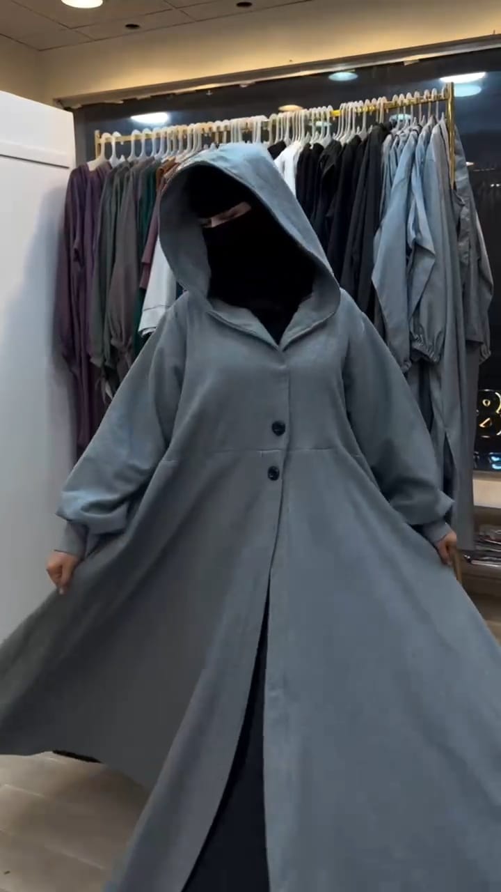 Chakoor 2026 Winter Button-Front Long Frill Hoodie for Women — premium fleece long hoodie with wide flare, two front buttons, frill hem, maxi-style winter outfit in original design, warm and stylish modest wear Pakistan 03