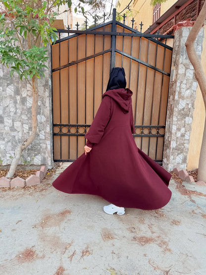 Chakoor 2026 Winter Button-Front Long Fri5ll Hoodie for Women — premium fleece long hoodie with wide flare, two front buttons, frill hem, maxi-style winter outfit in original design, warm and stylish modest wear Pakistan 0