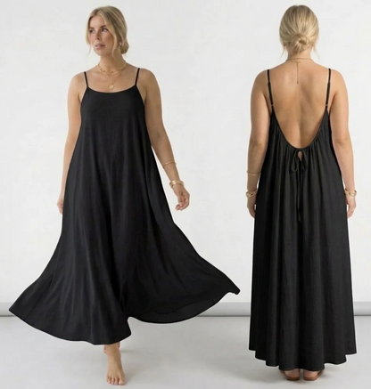 Elegant flowy maxi dress for women with spaghetti straps, loose A-line fit, and backless design, perfect for summer casual wear, beach outings, and stylish everyday fashion 05