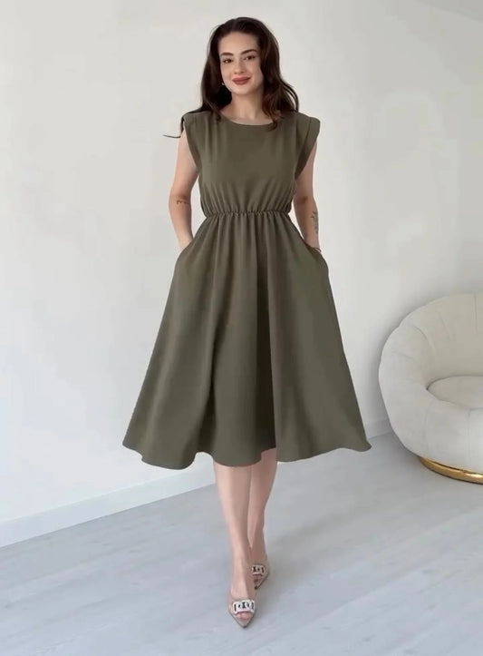 Elegant round-neck knee-length dress with a cinched waistline for women 01