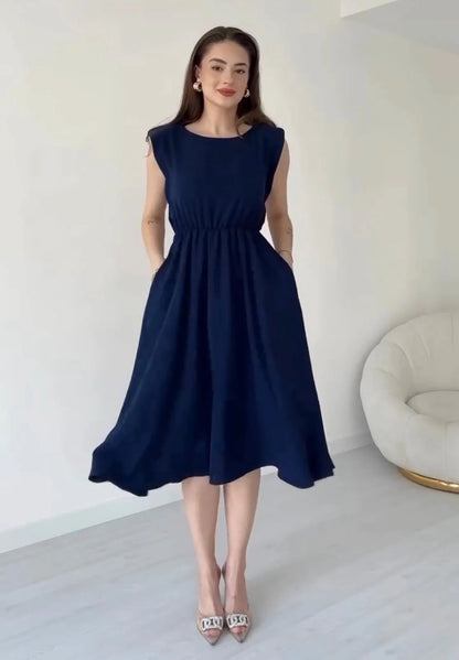 Elegant round-neck knee-length dress with a cinched waistline for women 02