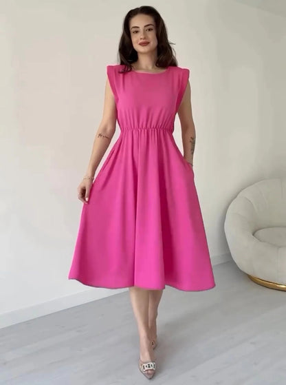 Elegant round-neck knee-length dress with a cinched waistline for women 06