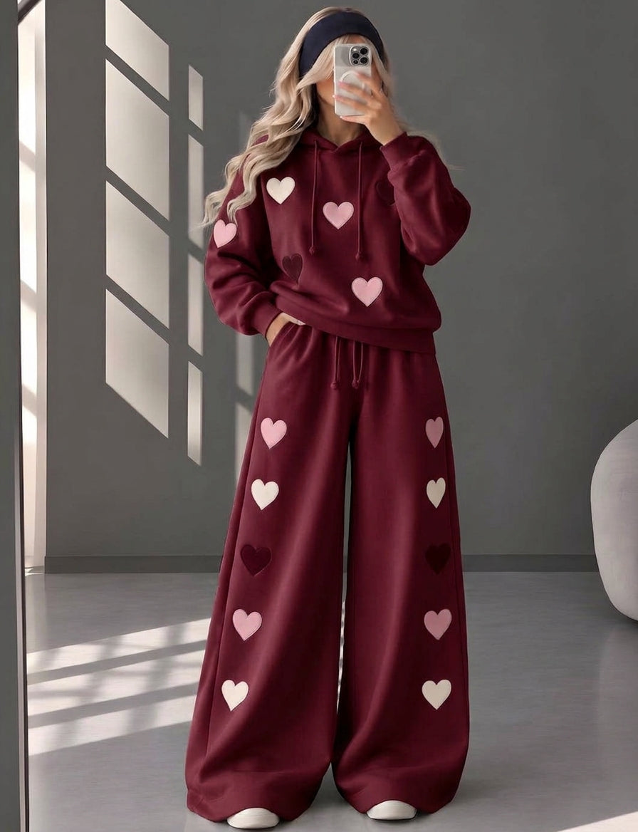 CH 6131 Heart Printed Hoodie & Wide-Leg Sweatpants Set - 2026