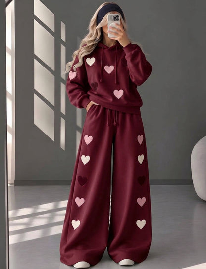 CH 6131 Heart Printed Hoodie & Wide-Leg Sweatpants Set - 2026
