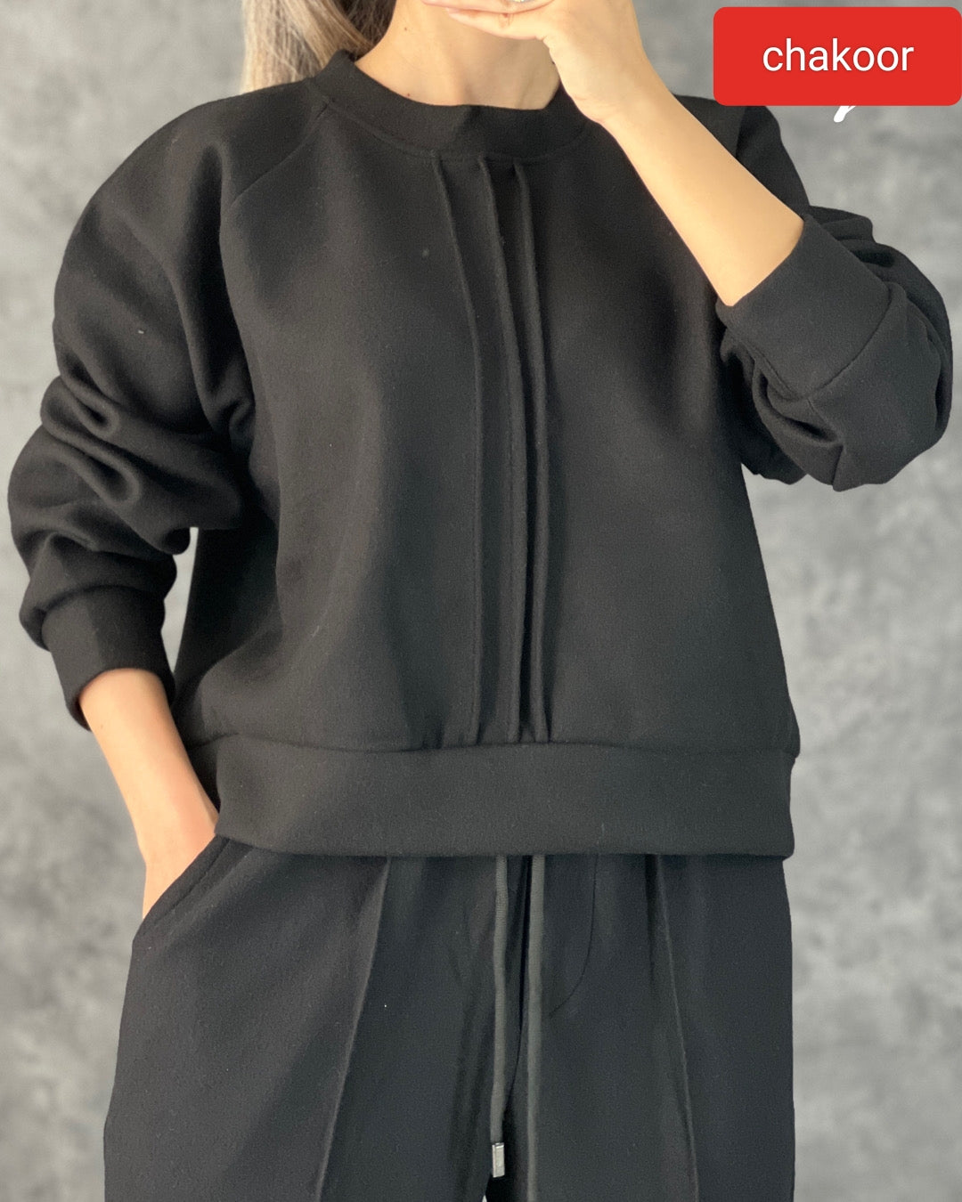 Ch # 381 Chakoor Winter Fleece Co-ords: Stylish Black 2-Piece Set with Cocoon Pants and Sweatshirt